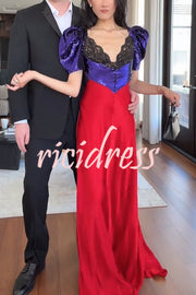 Like Snow White Sequin Lace Puff Sleeve Satin Hem Maxi Dress