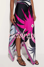 Satin Unique Print Halter Top and Irregular Midi Skirt Set