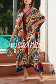 Unique Tie-dye Print V-neck Loose Holiday Cover-up Maxi Dress