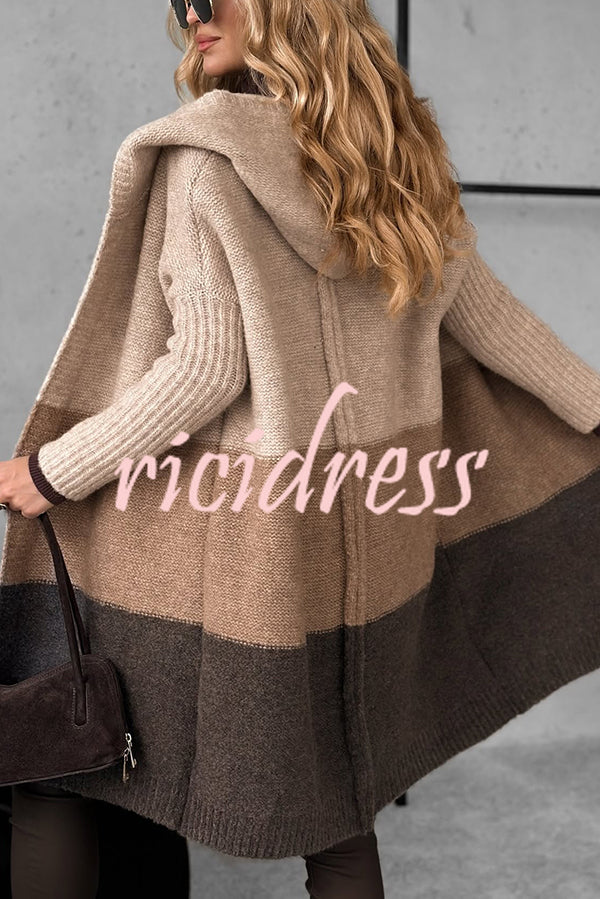 Fashionable Knit Patchwork Color Long-sleeved Hooded Loose Mid-length Cardigan