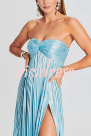 Metallic Sexy Tube Top Pleated High Slit Maxi Dress