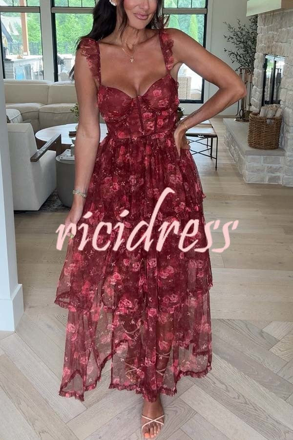 Romantic and Elegant Mesh Floral Back Smocked Tiered Ruffle Maxi Dress