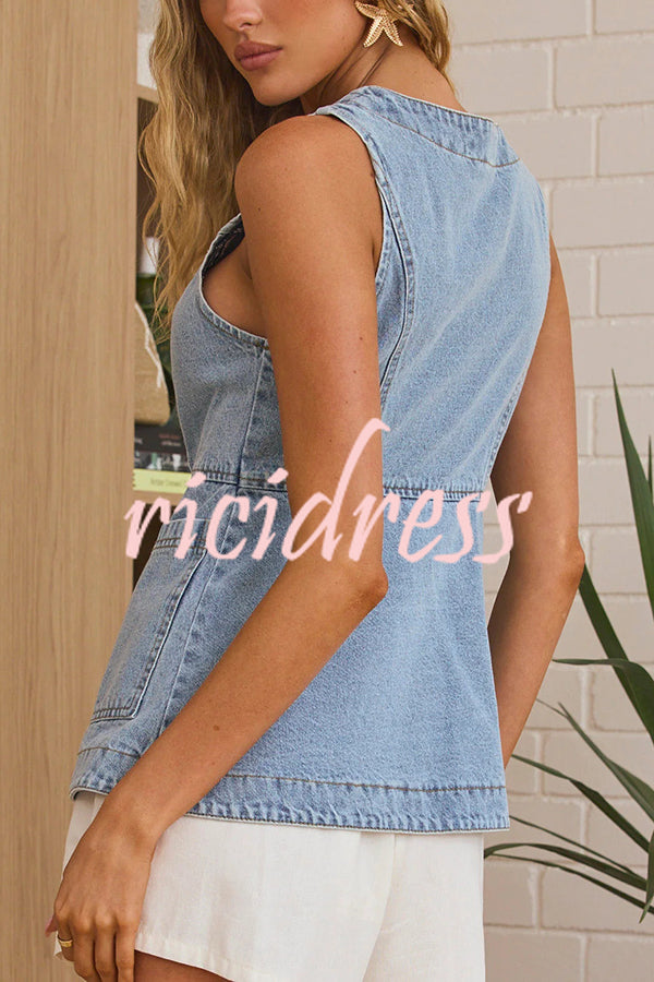 Fashionable Casual Slim Fit Button Pocket Denim Vest