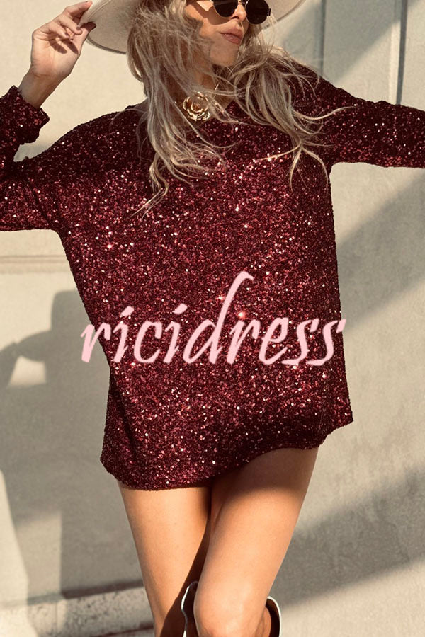 Haute Holidays Sequin Wide Neck Long Sleeve Loose Top