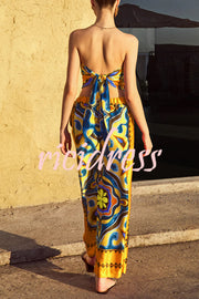 Ethnic Style Unique Print Tube Top and Elastic Waist Casual Pocket Wide Leg Pants Set