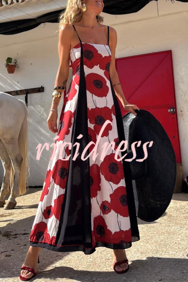Floral Print Suspenders Paneled Back Pleated Maxi Dress