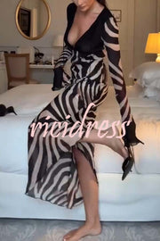 City Night Chiffon Colorblock Animal Print Tie-up Long Sleeve Maxi Dress