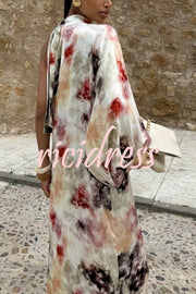 Ninah Satin Tie-dye Print Tie-up Neck One Sleeve H-line Maxi Dress