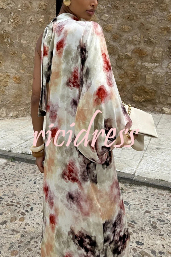 Ninah Satin Tie-dye Print Tie-up Neck One Sleeve H-line Maxi Dress