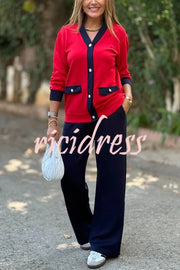 Stylish Color-blocked V-neck Knitted Button-down Cardigan and Elastic Waist Casual Wide-leg Pants Set