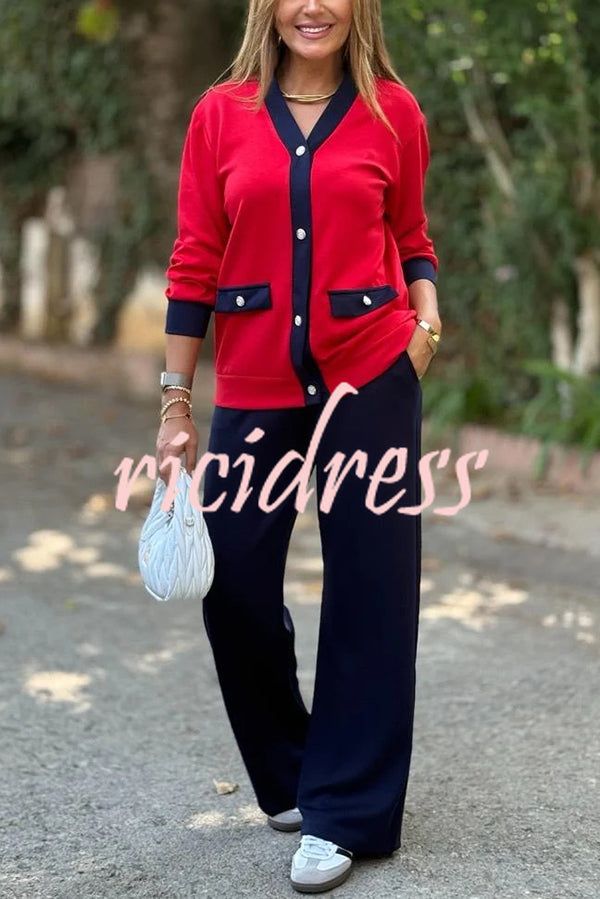 Stylish Color-blocked V-neck Knitted Button-down Cardigan and Elastic Waist Casual Wide-leg Pants Set