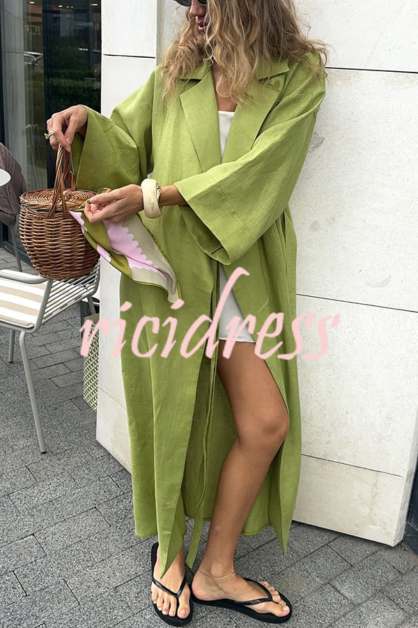 Linen Blend Solid Color Casual Lapel Tie Loose Maxi Dress