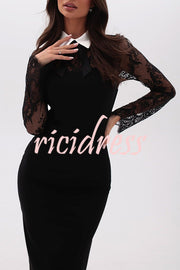 Aliya Lace Detachable Bow Collar Long Sleeve Stretch Midi Dress