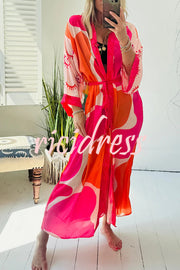 Elevate Beach Style Unique Print Long Sleeve Belted Pocket Cover-up Kimono