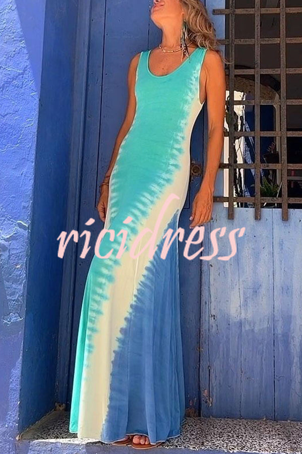 Chic and Sincere Tie-dye Print Back Lace-up Flare Stretch Maxi Dress