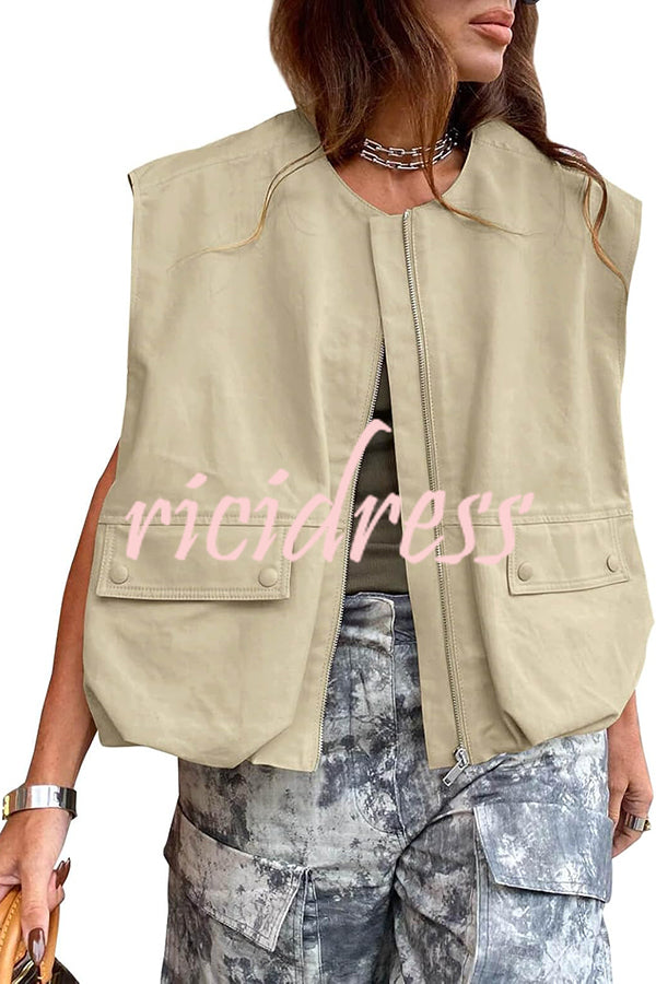 Fashion Zipper Sleeveless Pocket Loose Vest Jacket