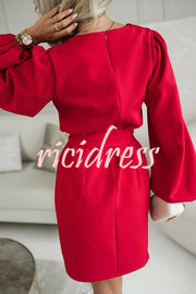 Holiday Gatherings V-neck Long Balloon Sleeve Tie-up Waist Loose Mini Dress