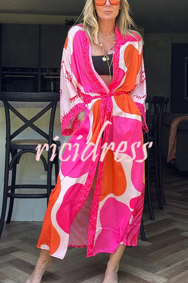 Elevate Beach Style Unique Print Long Sleeve Belted Pocket Cover-up Kimono