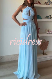 Graceful Modern Chiffon Twist Halter Neck Cutout Pleated Maxi Dress