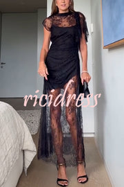 Romantic Statement Lace One Shoulder Bell Sleeve Asymmetrical Maxi Dress