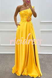 Nasha Satin Pleated One Shoulder Petal Gemstone Detail Pocket Slit Maxi Dress