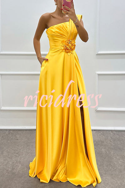 Nasha Satin Pleated One Shoulder Petal Gemstone Detail Pocket Slit Maxi Dress