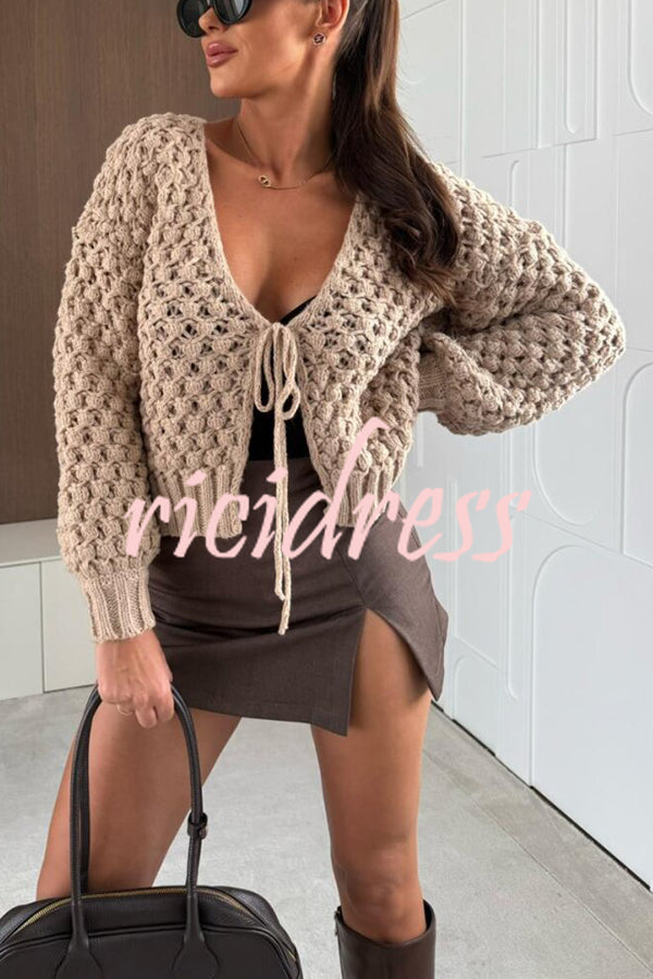 Marin Knit Hollow Texture Tie-up Neck Balloon Sleeve Relaxed Cardigan