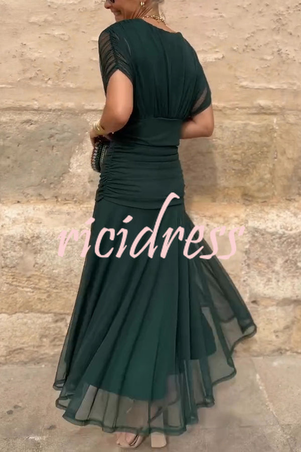 Unique Printed V-Neck Waisted Mesh Holiday Maxi Dress