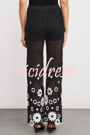 Fashion Embroidered Hollow Hook Elastic Waist Casual Wide-leg Pants