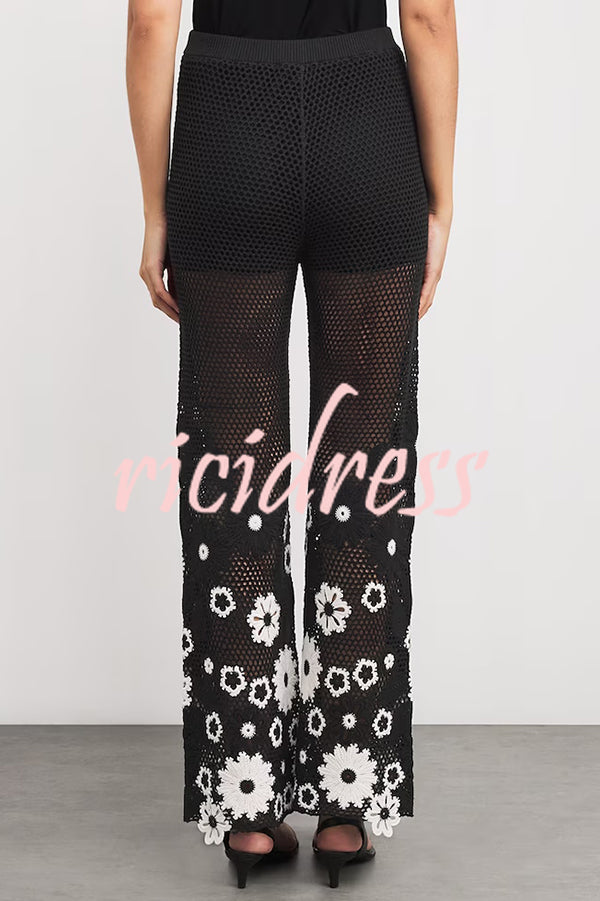 Fashion Embroidered Hollow Hook Elastic Waist Casual Wide-leg Pants