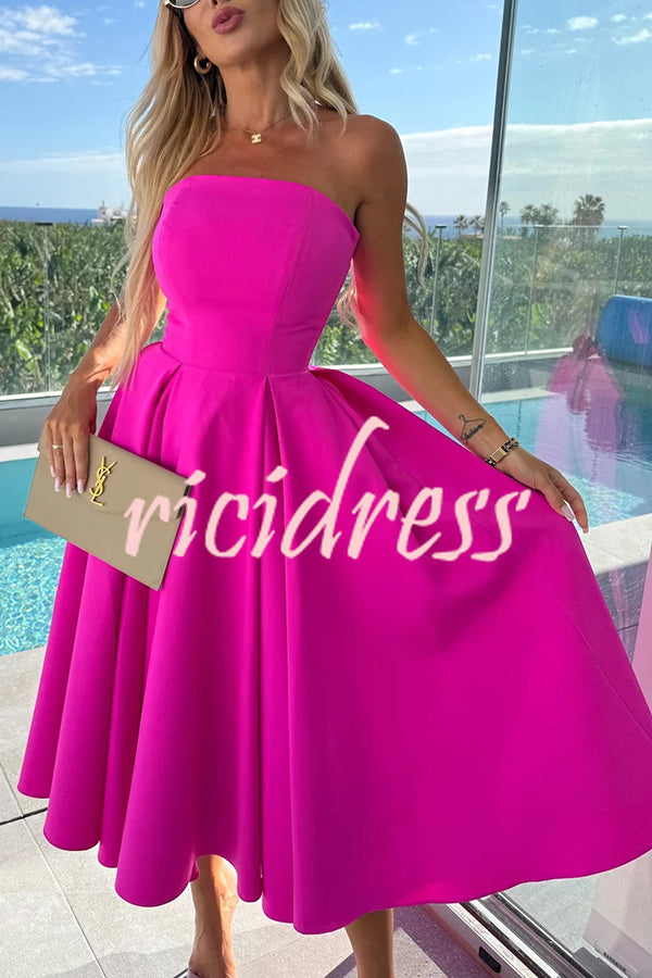 Sweet Cascade Solid Color Off Shoulder Pocket Full Hem Midi Dress