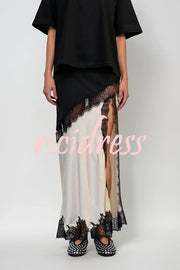 Party Focus Contrast Color Satin Lace Trim Elastic Waist Front Slit Maxi Skirt