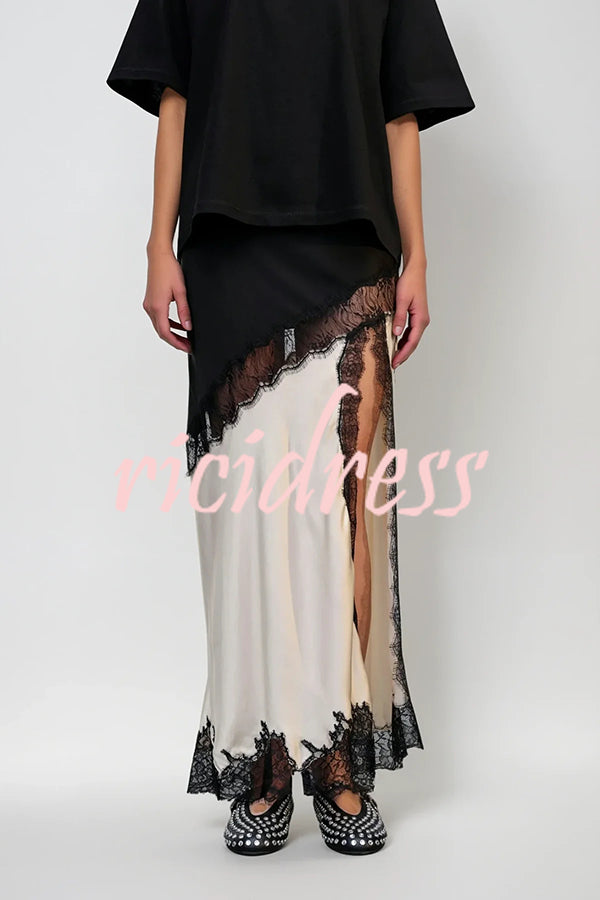 Party Focus Contrast Color Satin Lace Trim Elastic Waist Front Slit Maxi Skirt