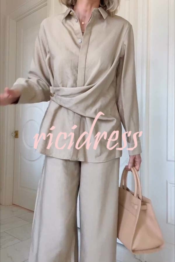 Juliette Cross-front Button Up Long Sleeve Shirt and Elastic Waist Pocket Loose Pants Set