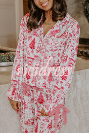 Christmas Night Satin Loose Shirt and Elastic Waist Pocketed Pajama Set