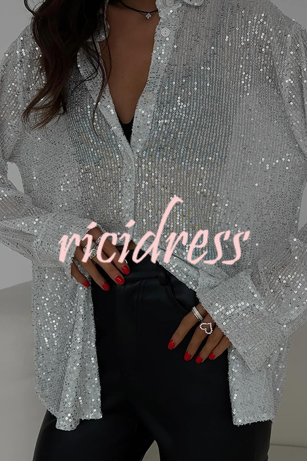 Fashion Sequin Lapel Long Sleeve Loose Shirt