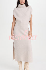 Solid Color Sleeveless Knitted Elegant Waist Midi Dress