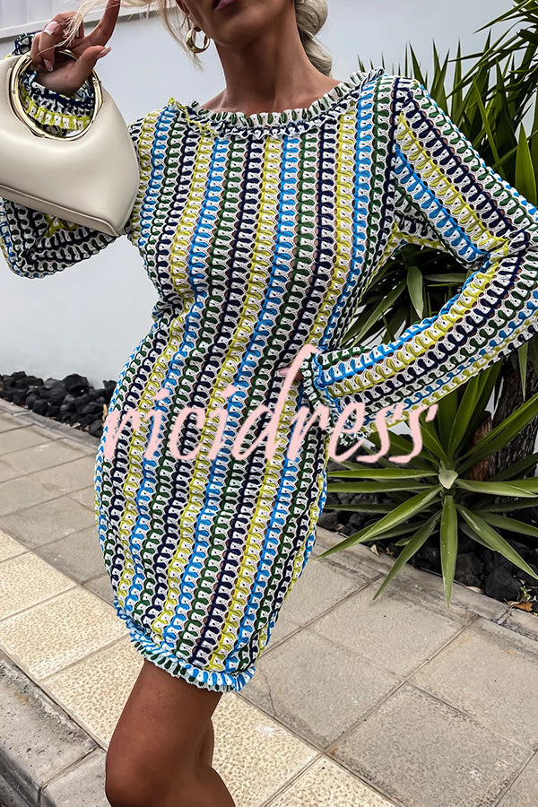 Ruffled Backless Long-sleeved Wavy Striped Beach Resort Mini Dress