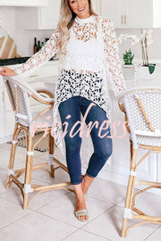 White Crochet Lace Cutout Long Sleeve  Top