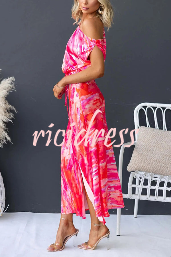 Satin Unique Print One Shoulder Tie Waist Slit Maxi Dress