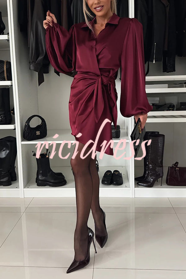 Solid Satin Long Sleeve Tie Waist Irregular Mini Dress