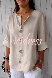 Solid Color V-neck Loose Button Top