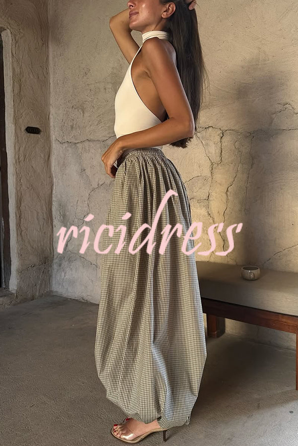 Fashion Plaid Print Elastic Waist Pocket Loose Wide-leg Pants