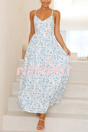 Floral Print V-Neck Sleeveless Back Tie Pocket Maxi Dress