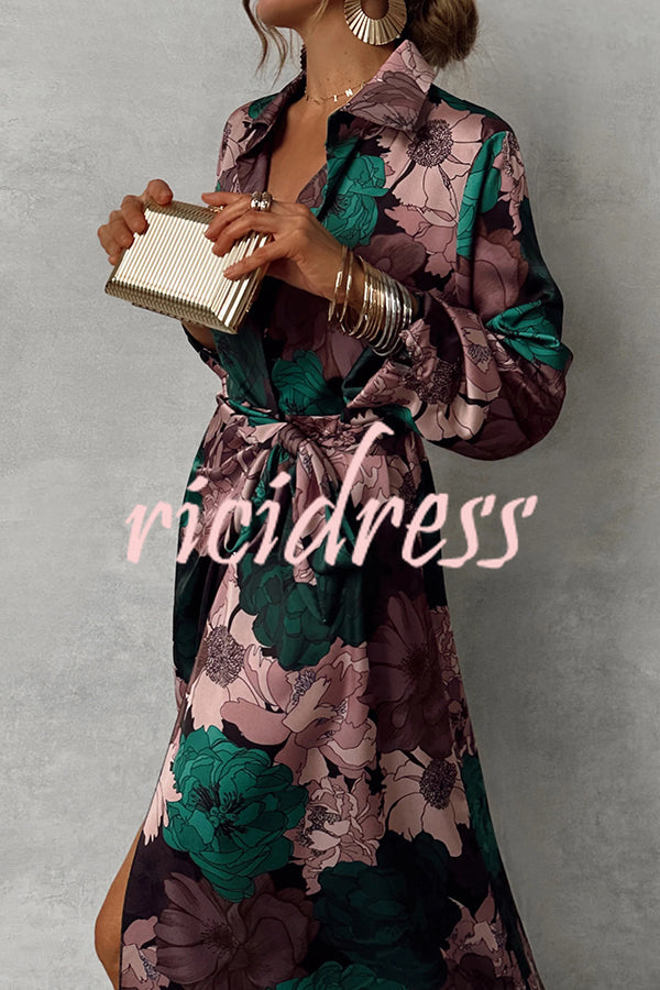 Floral Print Lapel Waisted Lace-up Long-sleeve Maxi Dress