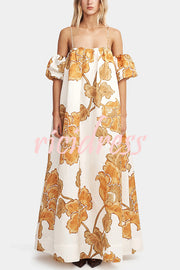 Floral Print Suspenders Puff Sleeves Loose Pocket Holiday Maxi Dress