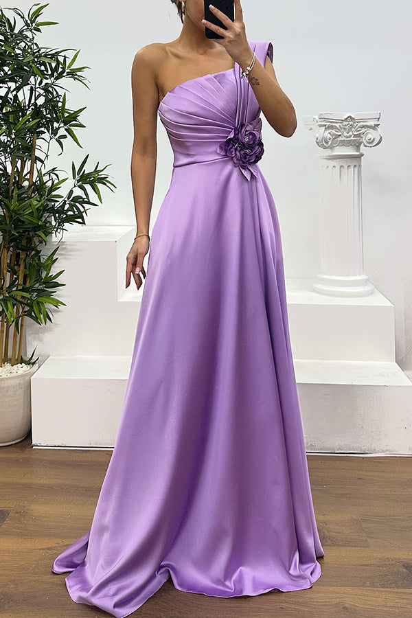 Nasha Satin Pleated One Shoulder Petal Gemstone Detail Pocket Slit Maxi Dress