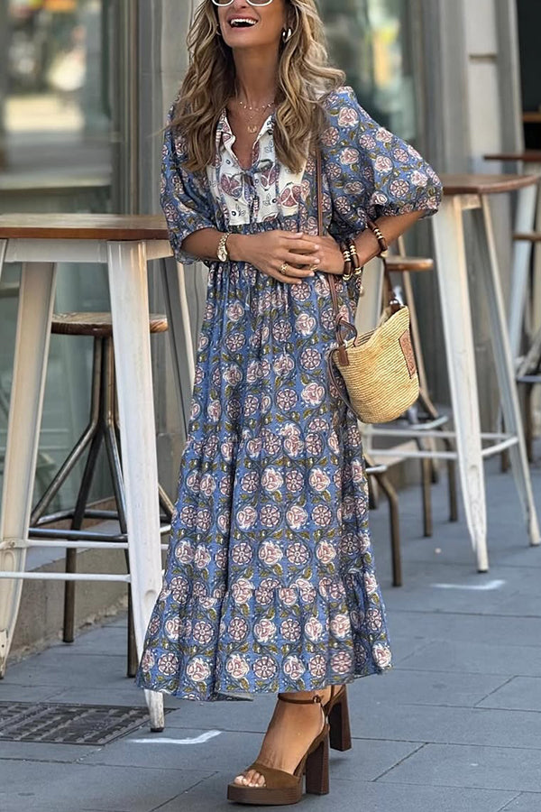 Bohemian Unique Print Puff Sleeve Lace-up Loose Holiday Maxi Dress