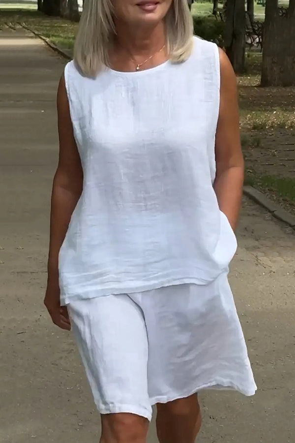 Linen Blend Solid Sleeveless Crewneck Top and Loose Pocket Shorts Set