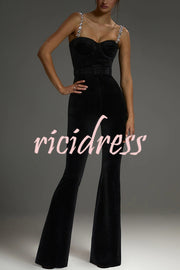 Eliza Luxurious Velvet Fabric Jewel-embellished Shoulder Straps Belted Flare Jumpsuit